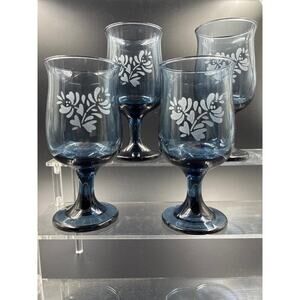 Set 4 Pfaltzgraff Blue Etched Footed Goblets, Floral Design, Vintage Glassware
